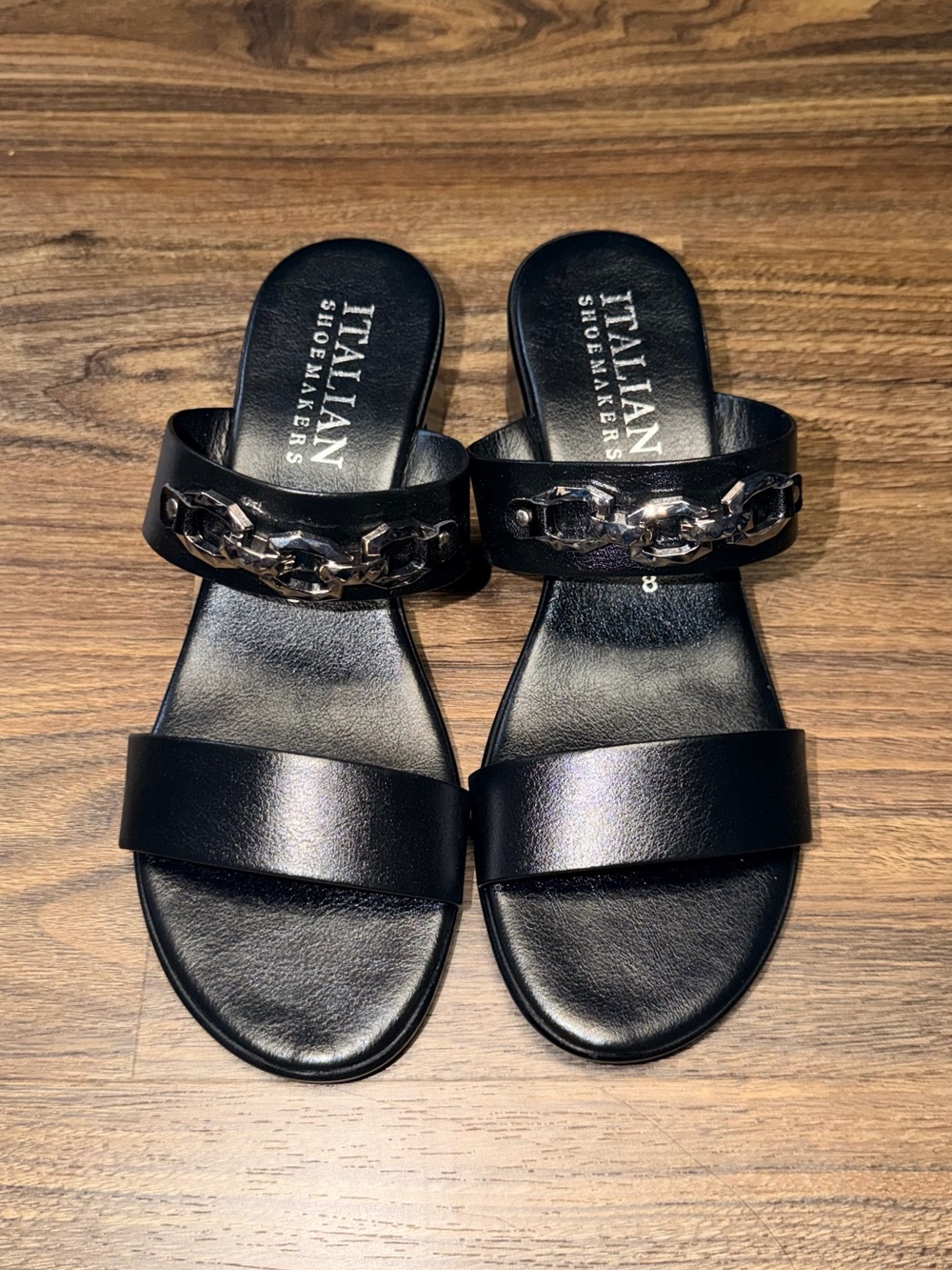 Italian Shoemakers Black Leather Chain-Trim Slide Sandals/NWOB